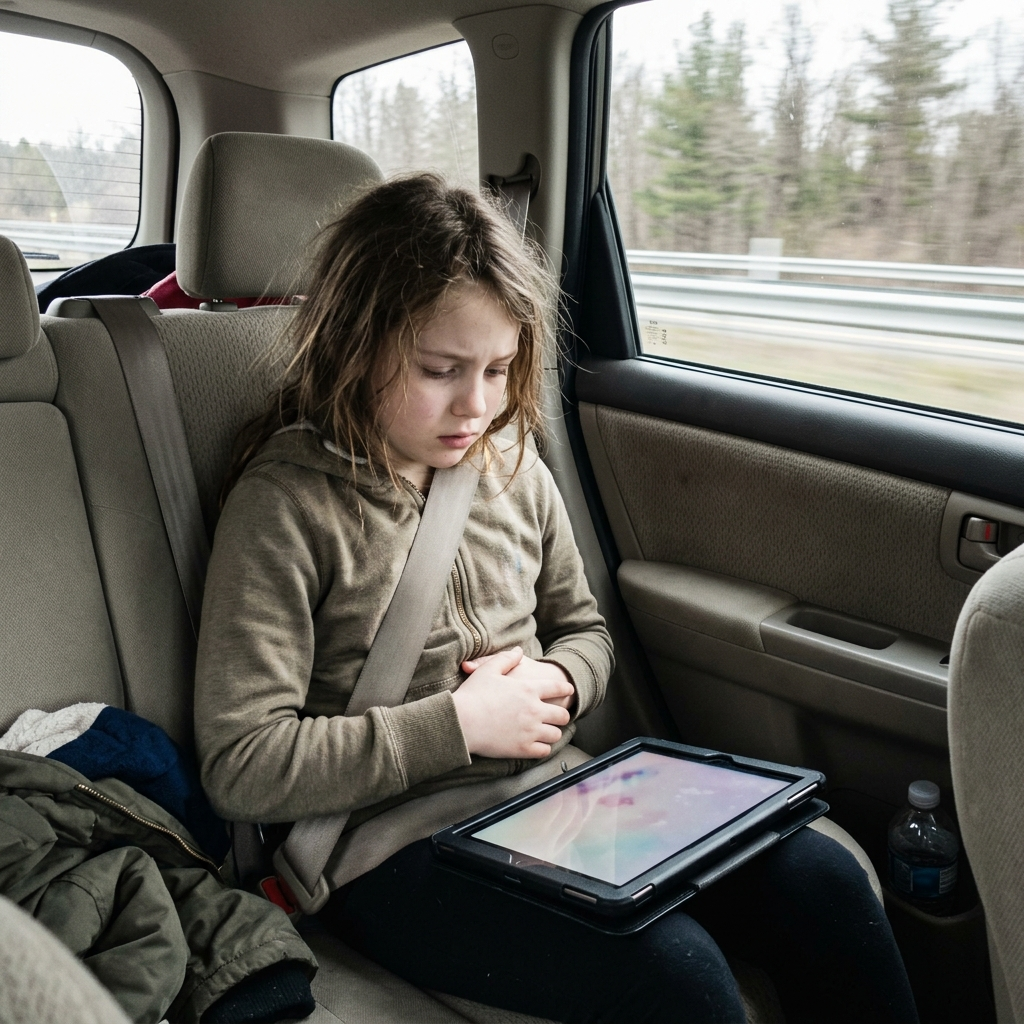 Girl feeling sick using a tablet in the car