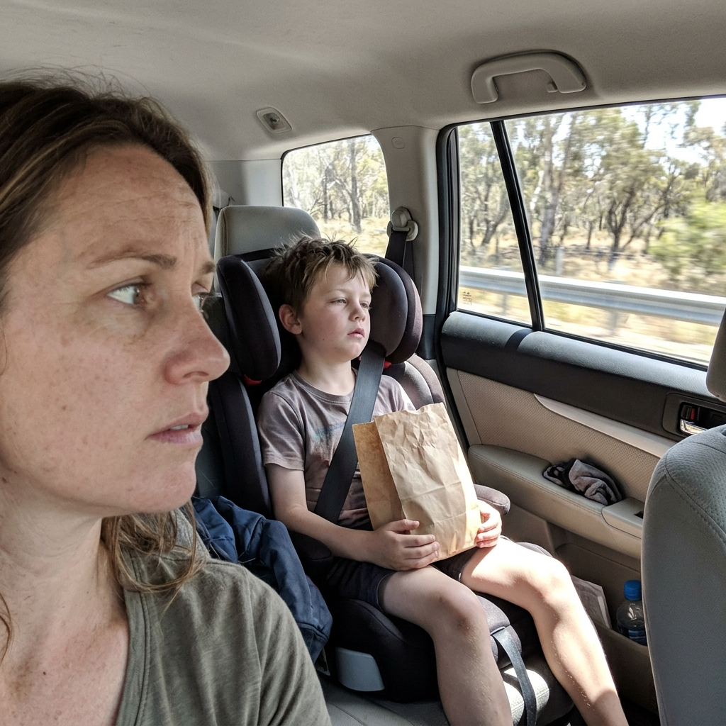 Carsick boy on a road trip